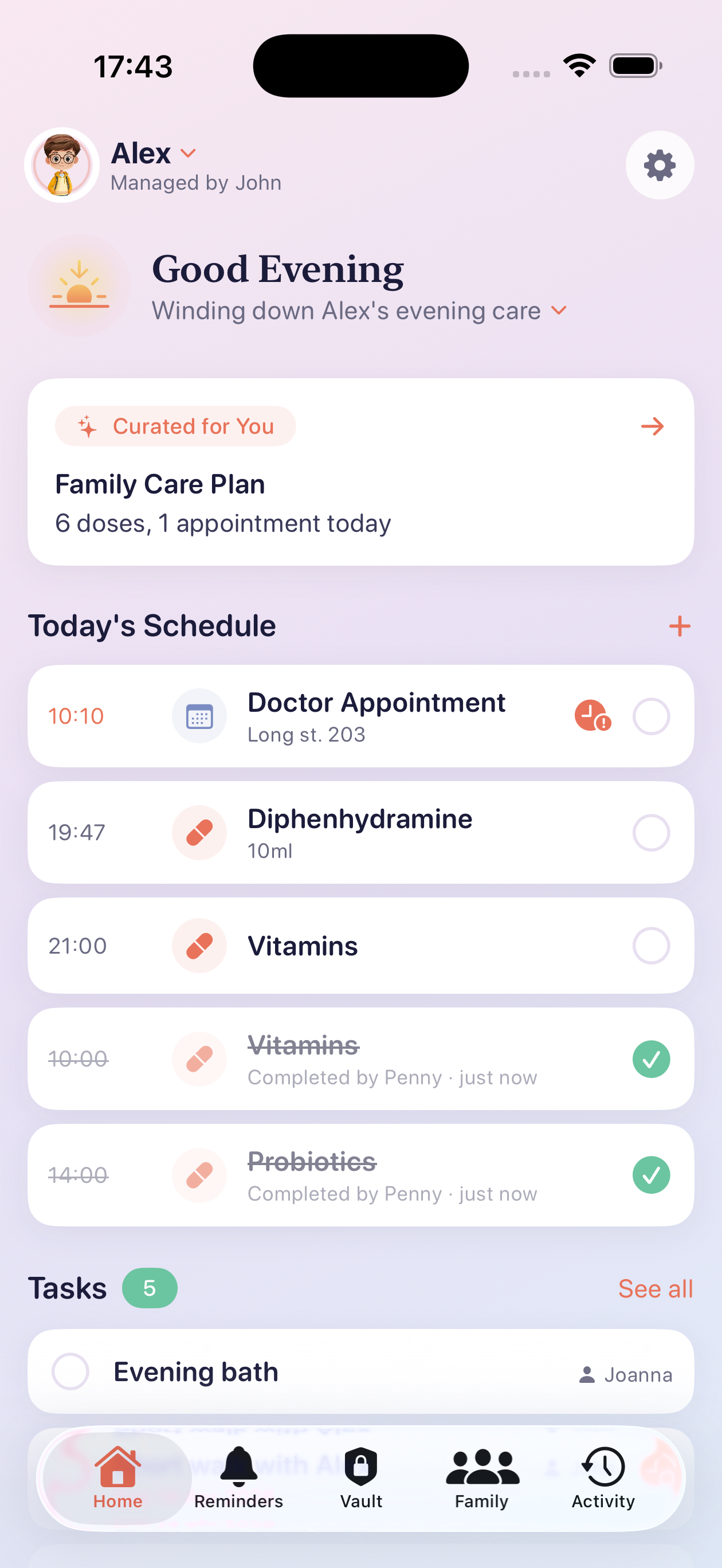 Tended dashboard showing today's care schedule